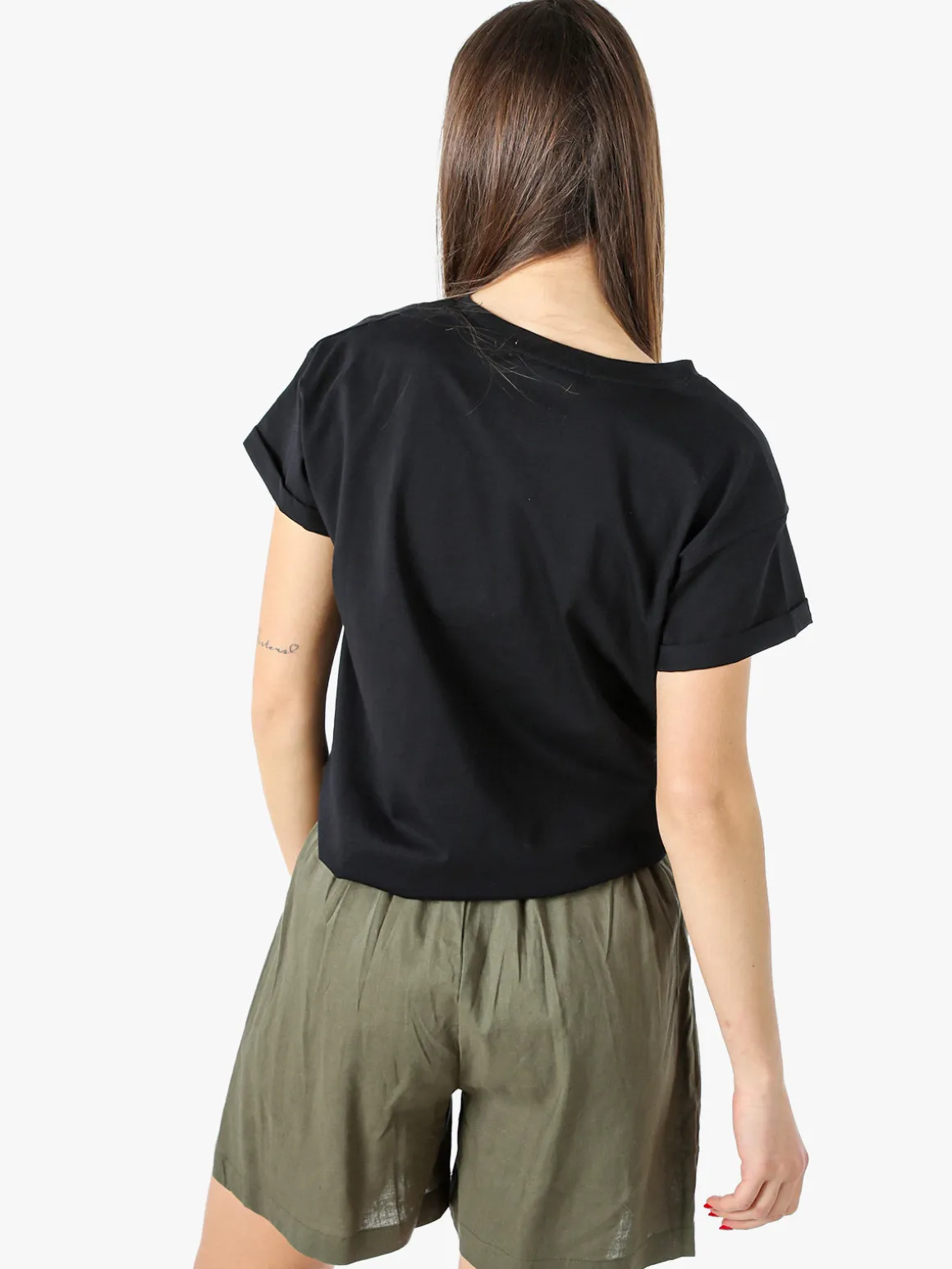 Rifle T-shirt girocollo da donna in cotone con stampe e strass - nero