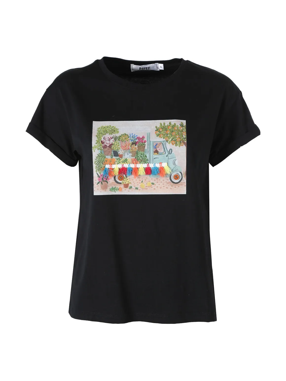 Rifle T-shirt girocollo da donna in cotone con stampe e strass - nero