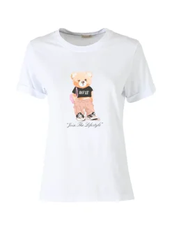 Rifle T-shirt girocollo da donna in cotone con stampa - bianco