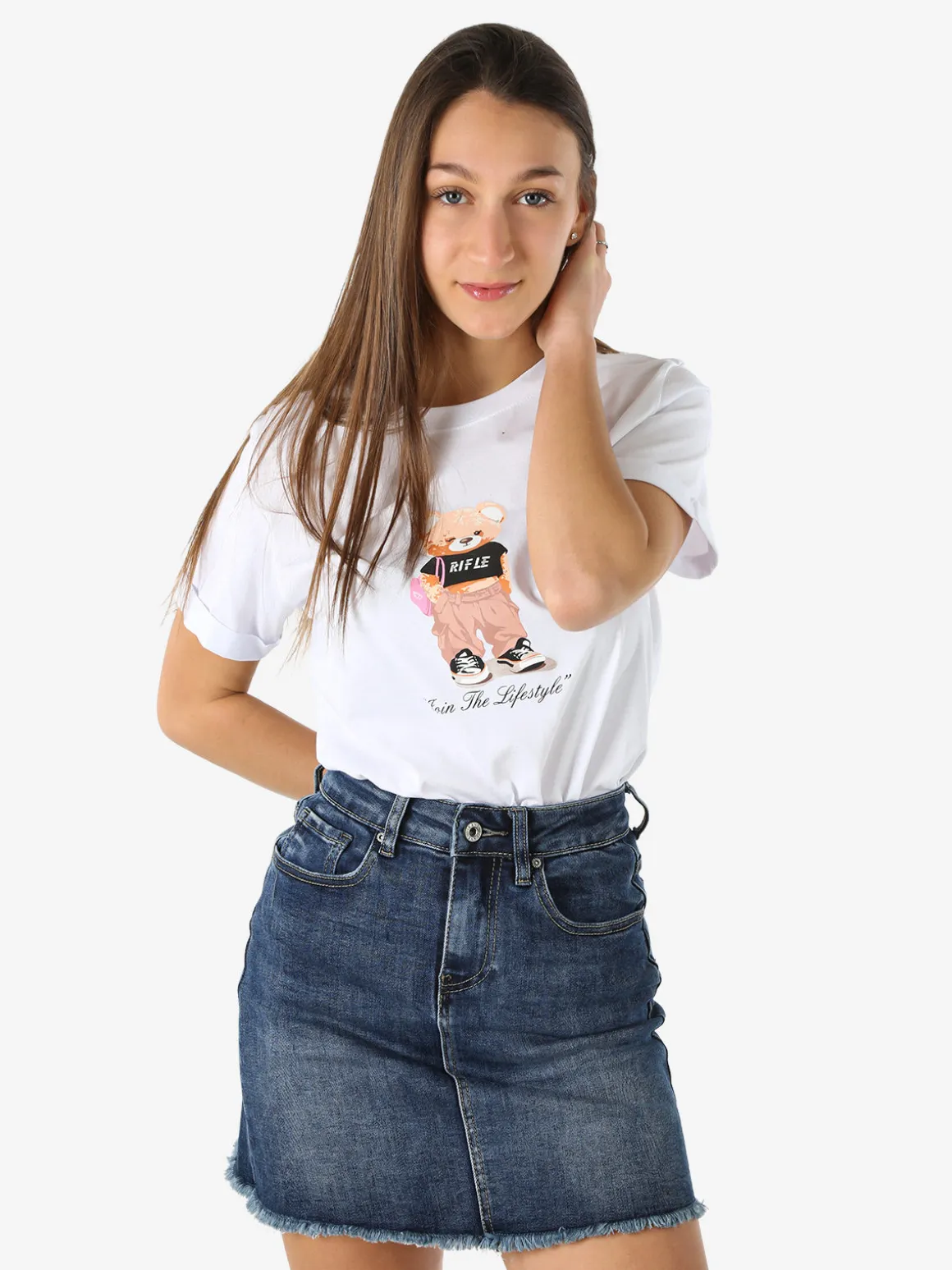 Rifle T-shirt girocollo da donna in cotone con stampa - bianco