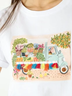 Rifle T-shirt girocollo da donna in cotone con stampe e strass - bianco