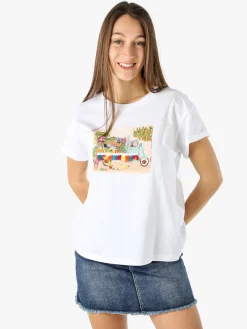 Rifle T-shirt girocollo da donna in cotone con stampe e strass - bianco