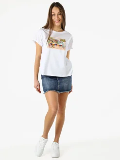 Rifle T-shirt girocollo da donna in cotone con stampe e strass - bianco