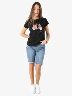 Rifle T-shirt girocollo da donna in cotone con stampe e strass - nero