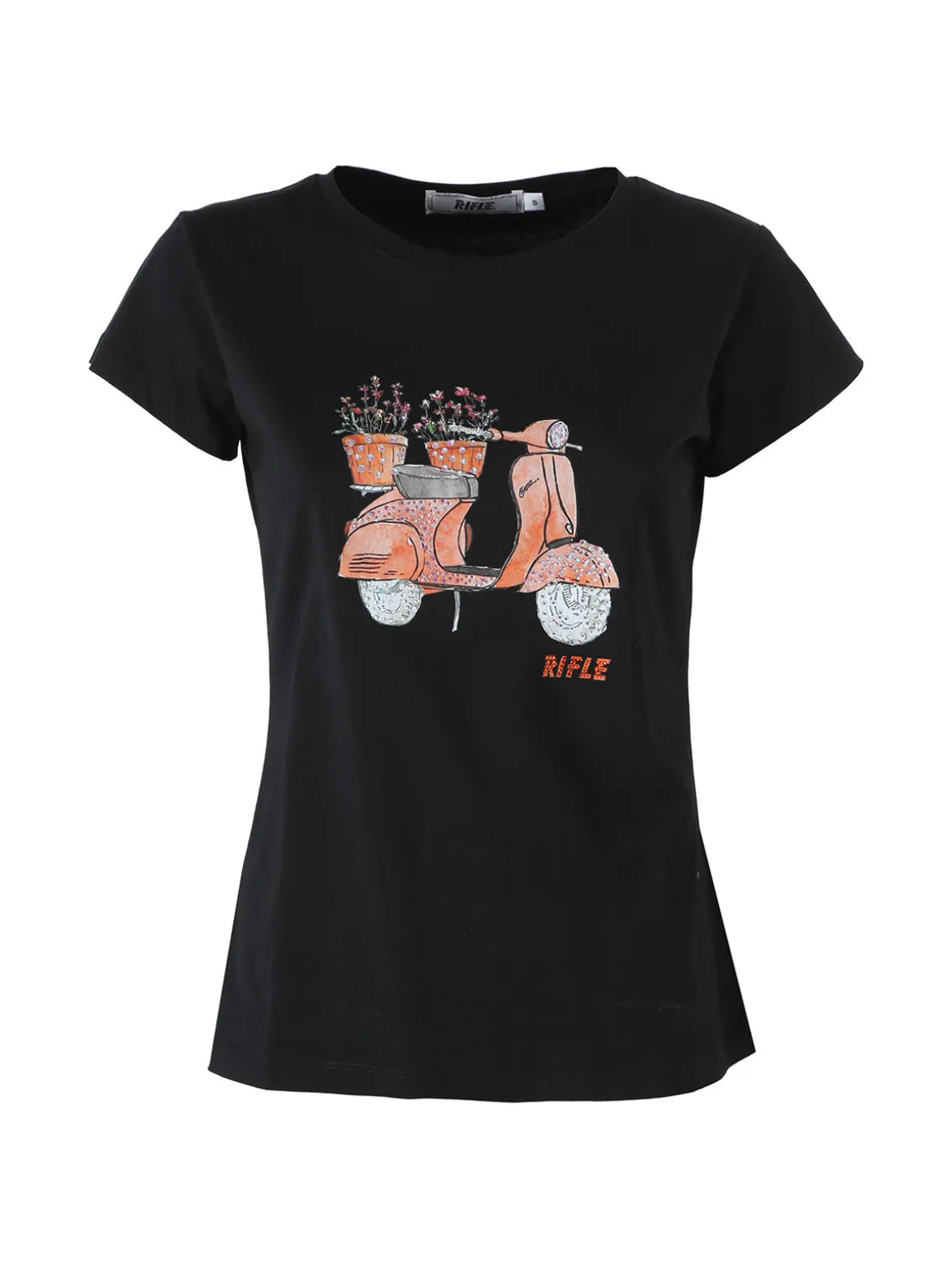 Rifle T-shirt girocollo da donna in cotone con stampe e strass - nero