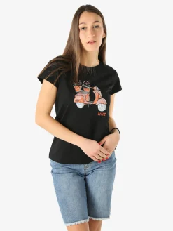 Rifle T-shirt girocollo da donna in cotone con stampe e strass - nero