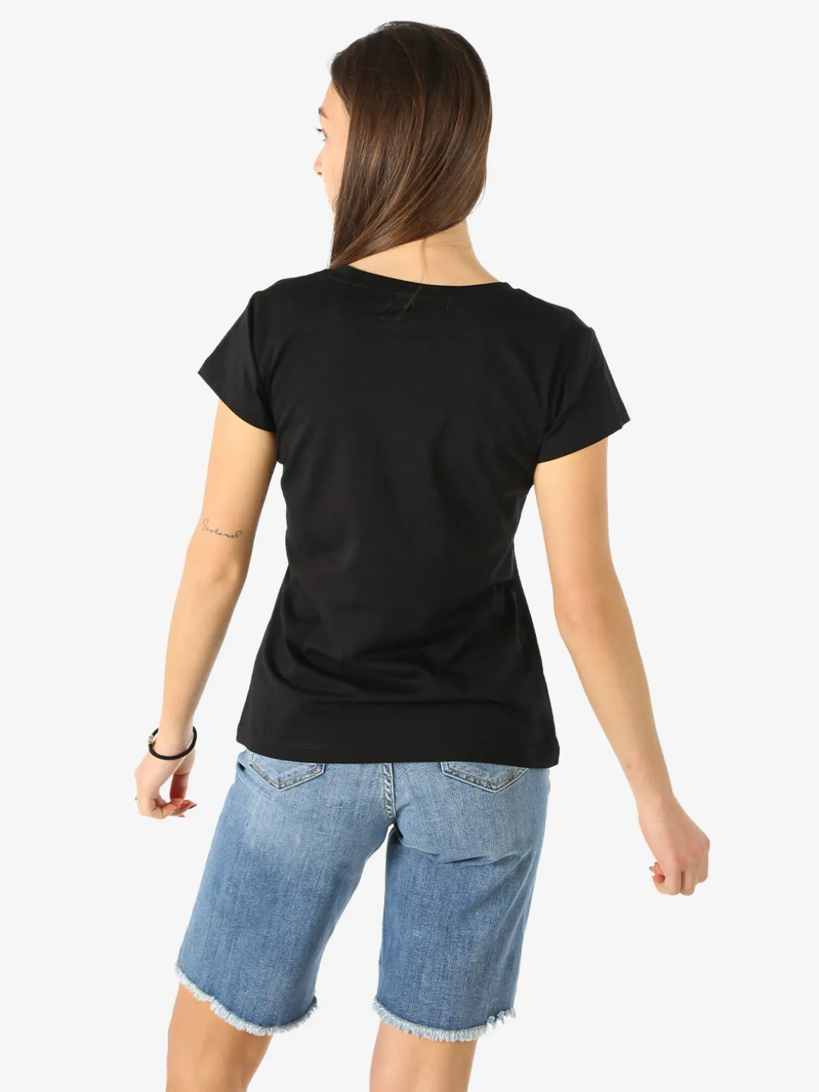 Rifle T-shirt girocollo da donna in cotone con stampe e strass - nero