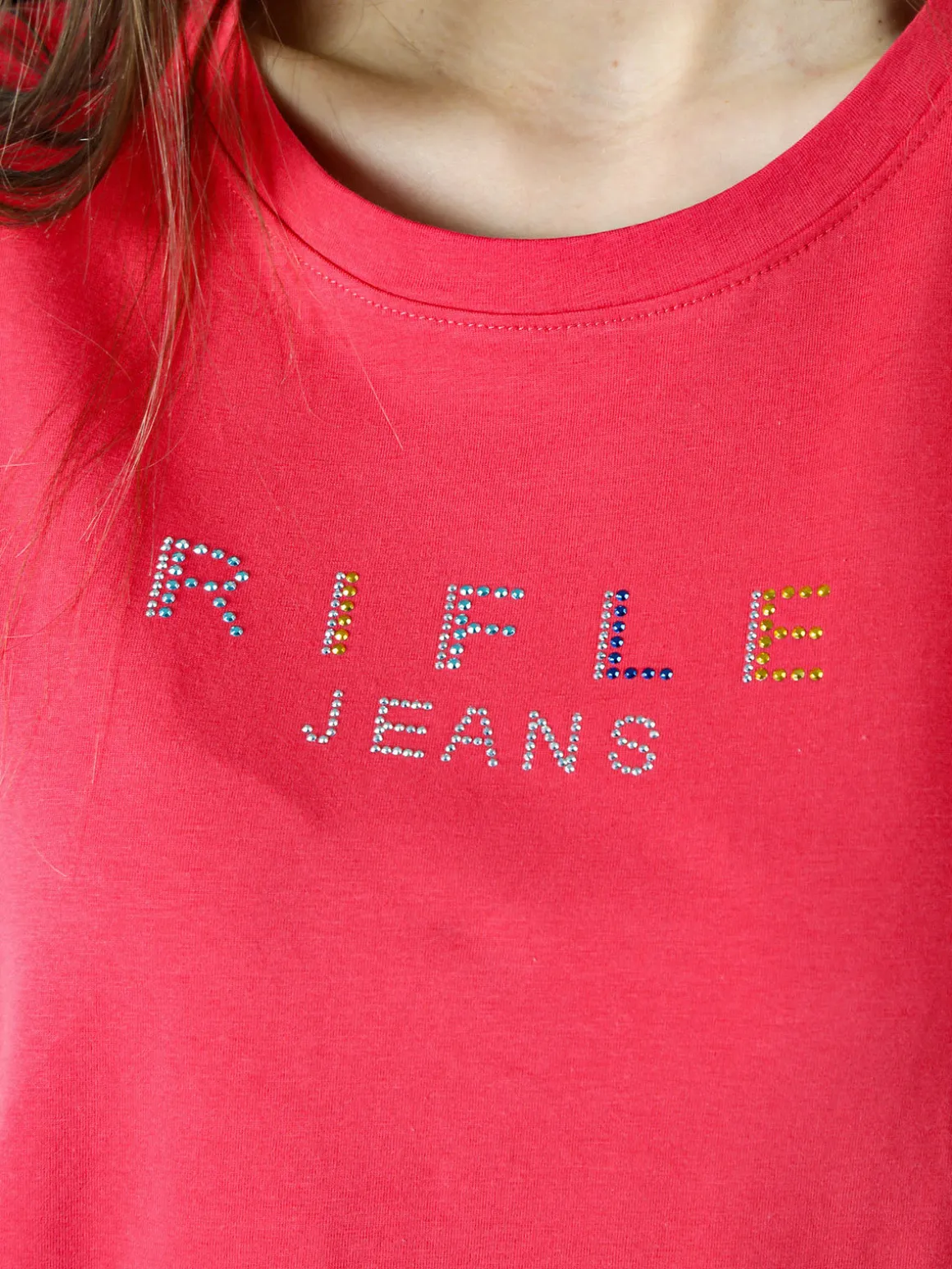 Rifle T-shirt girocollo da donna in cotone con strass - arancione
