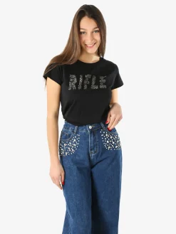 Rifle T-shirt girocollo da donna in cotone con micro borchie - nero