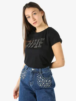 Rifle T-shirt girocollo da donna in cotone con micro borchie - nero