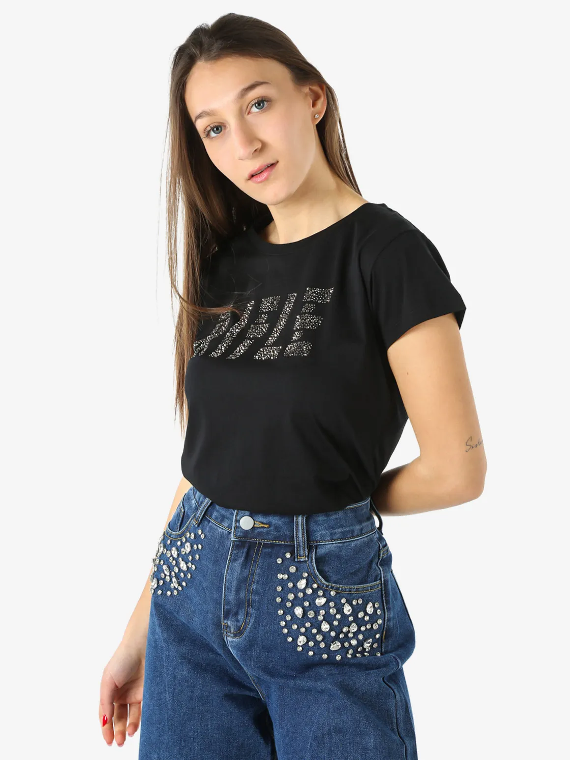Rifle T-shirt girocollo da donna in cotone con micro borchie - nero