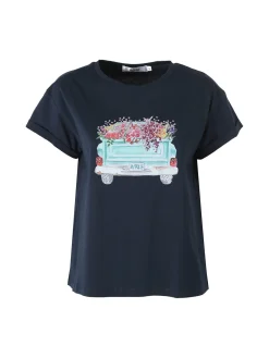 Rifle T-shirt girocollo da donna in cotone con stampa e strass - blu scuro