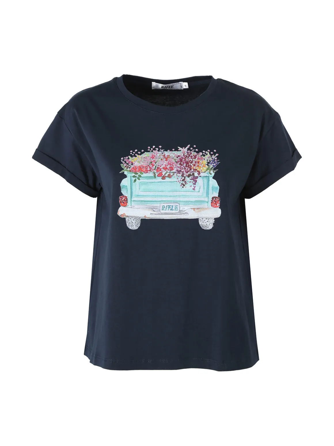Rifle T-shirt girocollo da donna in cotone con stampa e strass - blu scuro