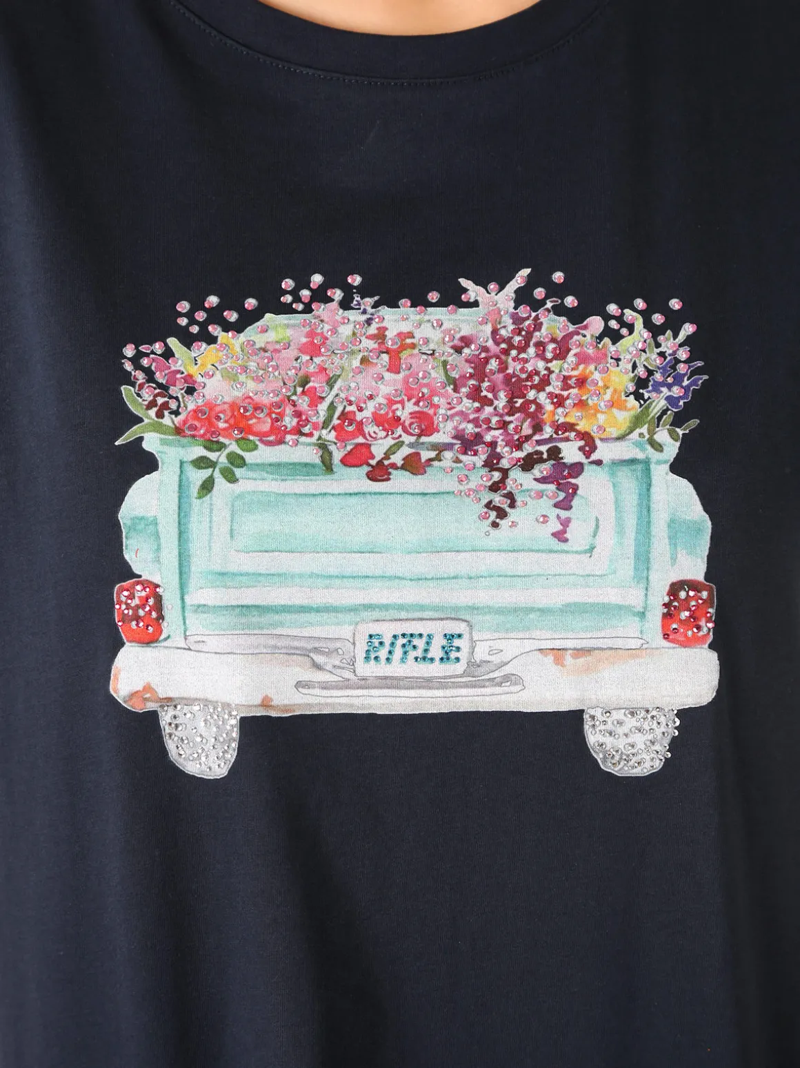 Rifle T-shirt girocollo da donna in cotone con stampa e strass - blu scuro