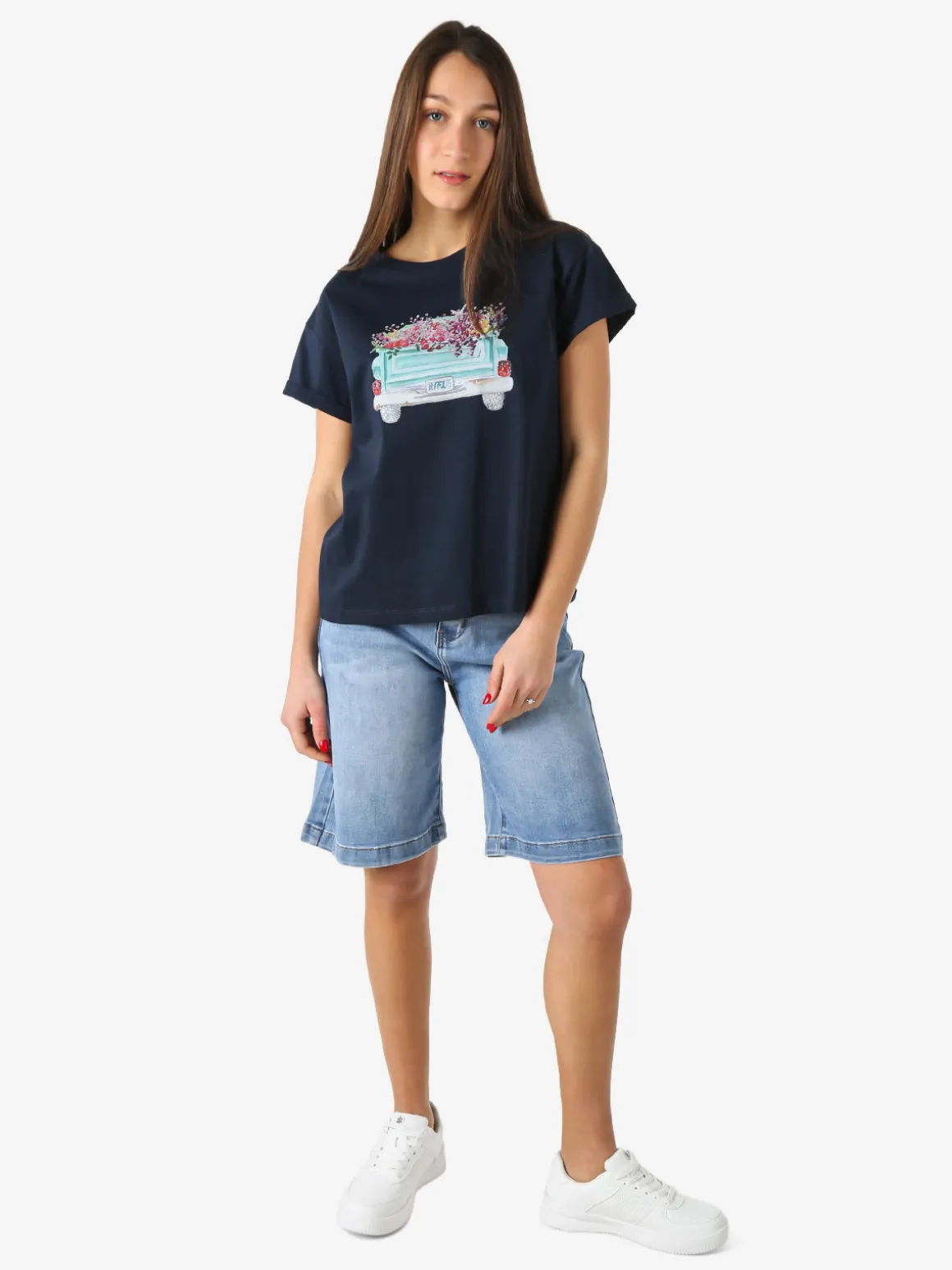 Rifle T-shirt girocollo da donna in cotone con stampa e strass - blu scuro