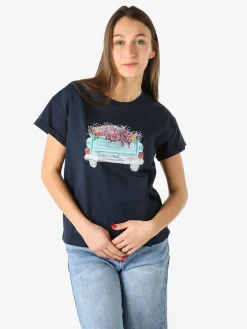 Rifle T-shirt girocollo da donna in cotone con stampa e strass - blu scuro