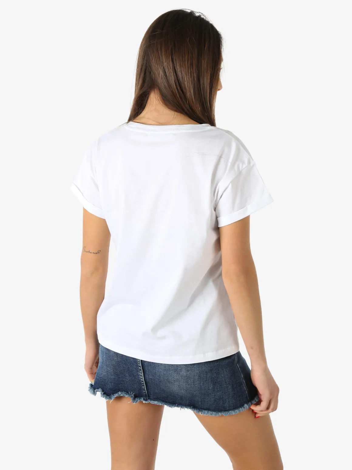 Rifle T-shirt girocollo da donna in cotone con stampa e strass - bianco