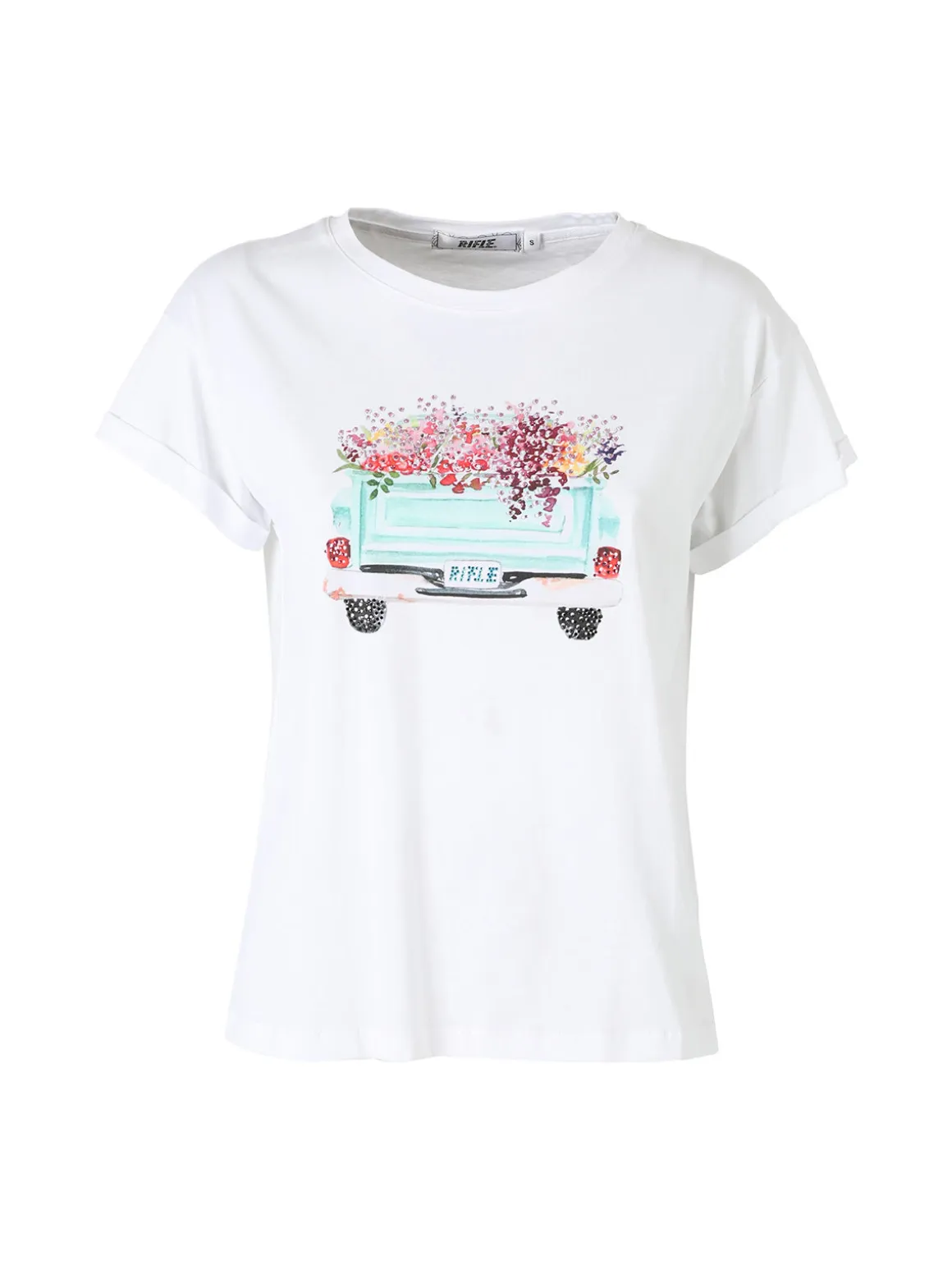 Rifle T-shirt girocollo da donna in cotone con stampa e strass - bianco