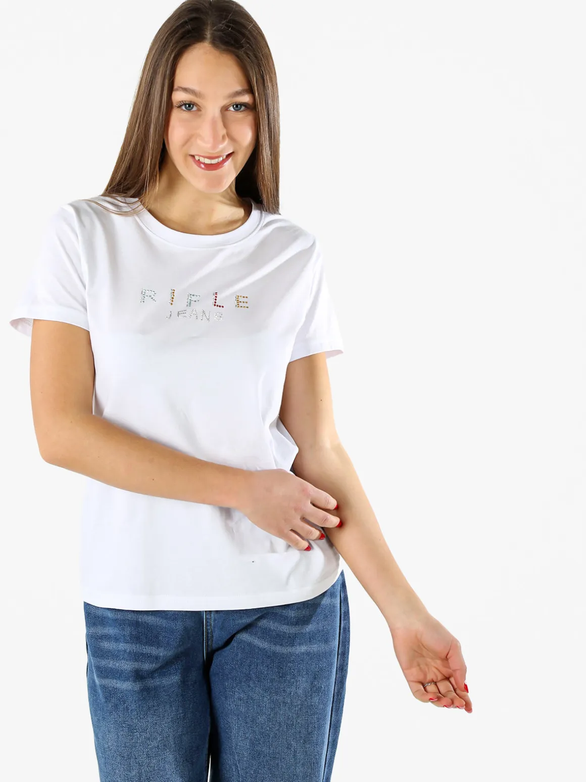 Rifle T-shirt girocollo da donna in cotone con strass - bianco