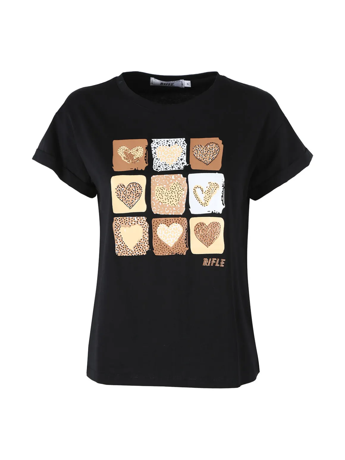 Rifle T-shirt girocollo da donna in cotone con stampe e strass - nero