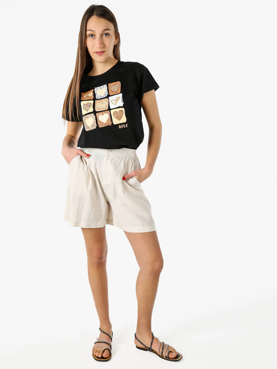 Rifle T-shirt girocollo da donna in cotone con stampe e strass - nero