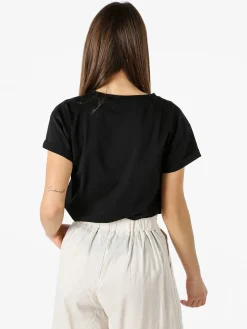 Rifle T-shirt girocollo da donna in cotone con stampe e strass - nero