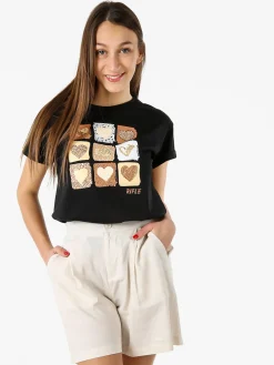 Rifle T-shirt girocollo da donna in cotone con stampe e strass - nero