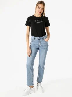 Rifle T-shirt in cotone da donna con applicazioni micro borchie - nero