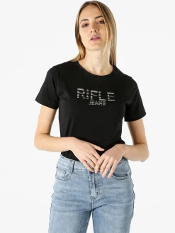 Rifle T-shirt in cotone da donna con applicazioni micro borchie - nero