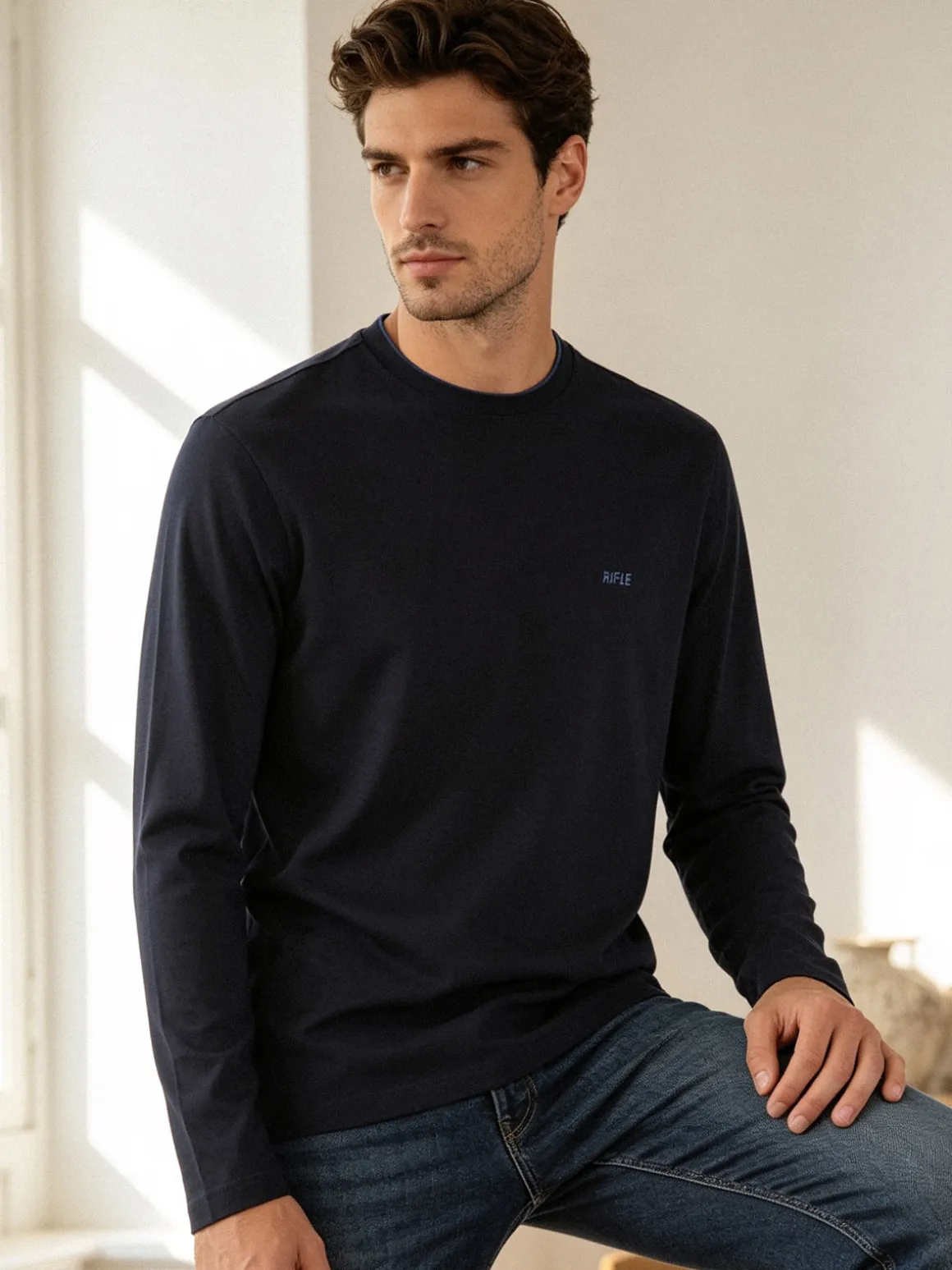 Rifle T-shirt uomo a maniche lunghe in cotone - blu scuro
