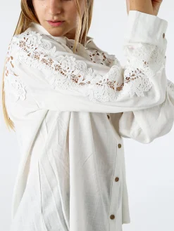Rossamiss Camicia donna a maniche lunghe con dettagli in pizzo macramè - bianco