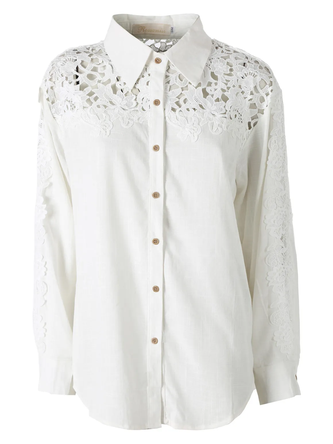 Rossamiss Camicia donna a maniche lunghe con dettagli in pizzo macramè - bianco