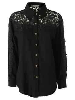 Rossamiss Camicia donna a maniche lunghe con dettagli in pizzo macramè - nero