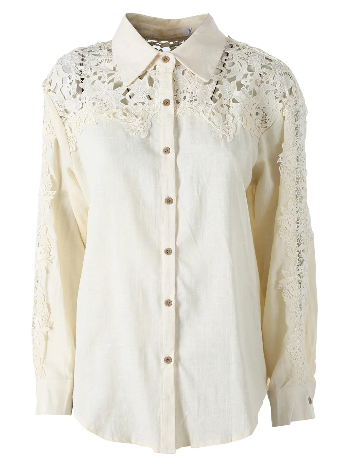 Rossamiss Camicia donna a maniche lunghe con dettagli in pizzo macramè - beige