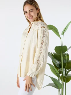 Rossamiss Camicia donna a maniche lunghe con dettagli in pizzo macramè - beige