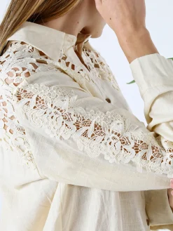 Rossamiss Camicia donna a maniche lunghe con dettagli in pizzo macramè - beige