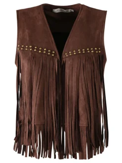 Rossamiss Gilet scamosciato da donna con frange e borchie - caffè