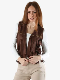 Rossamiss Gilet scamosciato da donna con frange e borchie - caffè