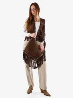 Rossamiss Gilet scamosciato da donna con frange e borchie - caffè