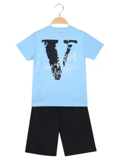 Run Boy Completo corto da ragazzo in cotone 2 pezzi con stampa davanti e dietro - azzurro