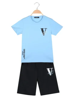 Run Boy Completo corto da ragazzo in cotone 2 pezzi con stampa davanti e dietro - azzurro