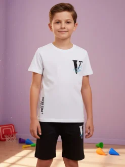 Run Boy Completo corto da ragazzo in cotone 2 pezzi con stampa davanti e dietro - bianco