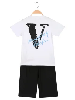 Run Boy Completo corto da ragazzo in cotone 2 pezzi con stampa davanti e dietro - bianco