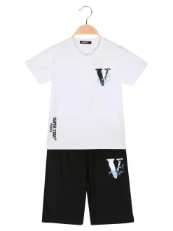 Run Boy Completo corto da ragazzo in cotone 2 pezzi con stampa davanti e dietro - bianco