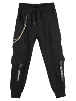 Run Boy Pantaloni cargo da bambino con coulisse e catena decorativa - nero