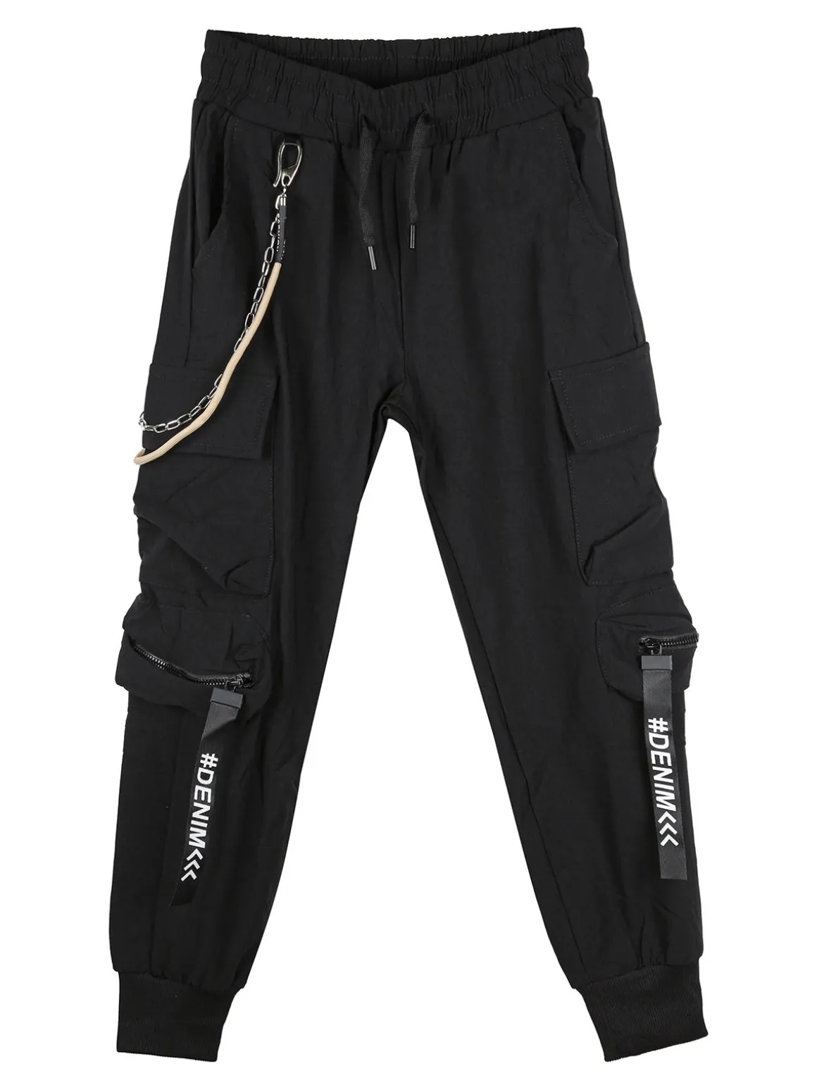 Run Boy Pantaloni cargo da bambino con coulisse e catena decorativa - nero