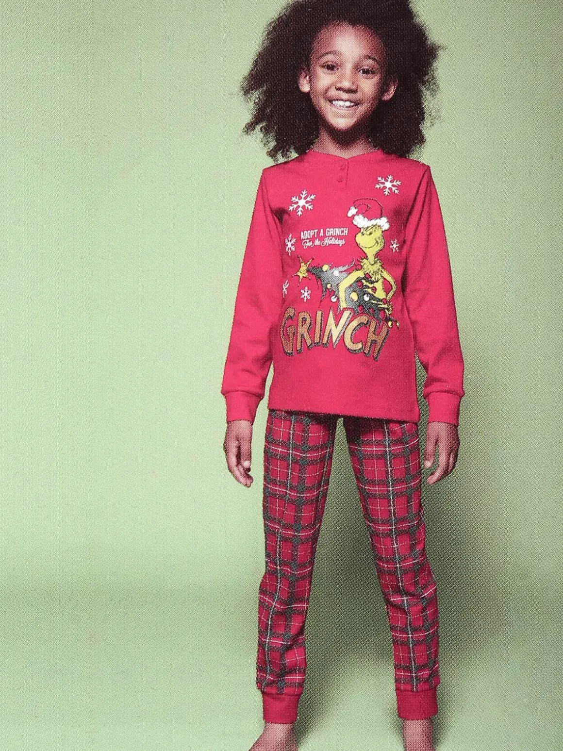 Sabor Grinch pigiama natalizio da bambina con pantaloni a quadri