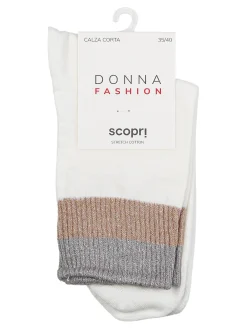 Scopri Calze corte da donna in cotone stretch con bordo lurex - bianco