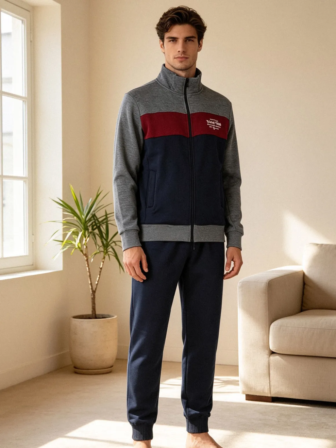 Scuola Nautica Italiana Completo tuta da uomo felpata con zip intera - bordeaux
