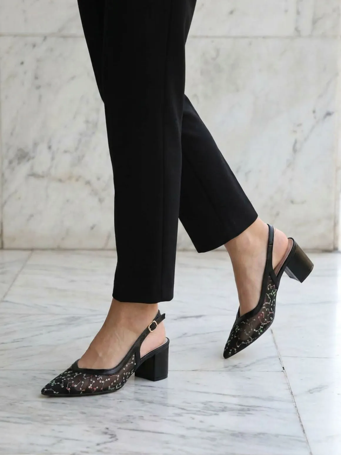Sissi Miss Slingback donna in rete con paillettes aperte dietro - nero